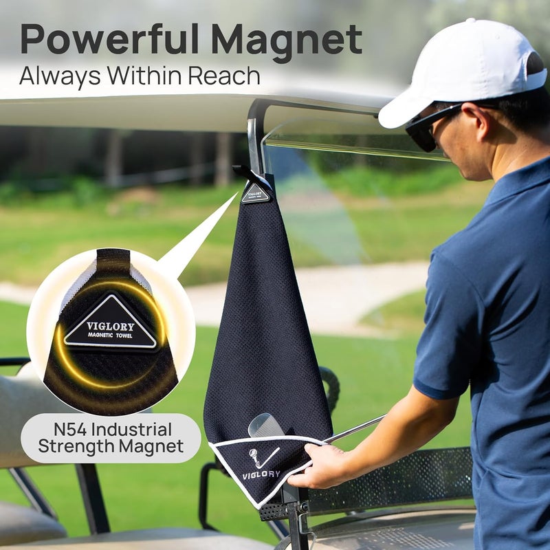 VIGLORY Magnetic Golf Towel for Bag 18" x 18" with Clip Exclusive Cleaning Pocket Microfiber Waffle Ultra Absorbent Club Ball Cleaner Essential Golf Accessories and Gifts for Men Women(Black 1 Pack) - Image 3